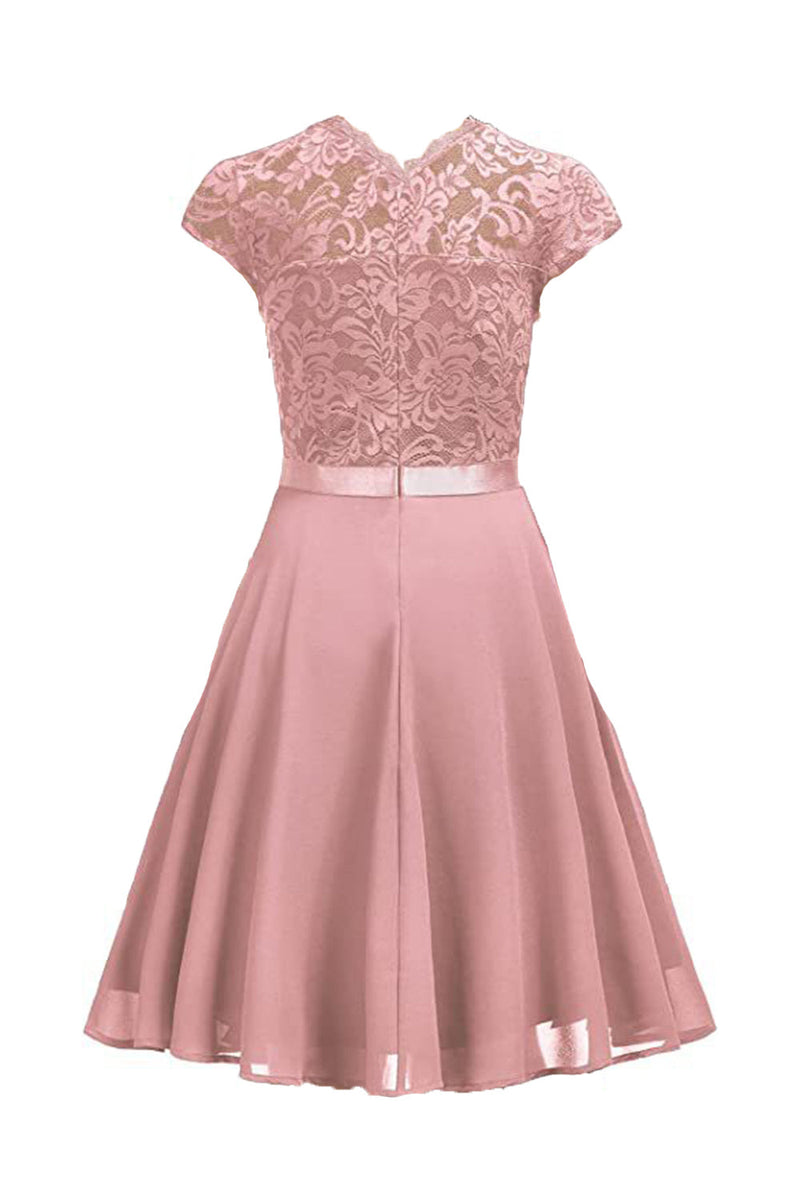 Załaduj obraz do przeglądarki galerii, Różowa koronkowa sukienka A Line z marszczeniami
