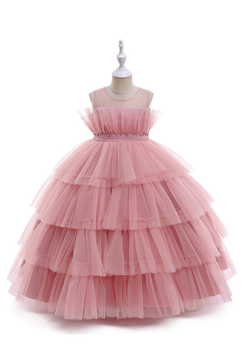 Załaduj obraz do przeglądarki galerii, Różowy Tiulowa Sukienki Dla Dziewczynek na Wesele z Kokarda