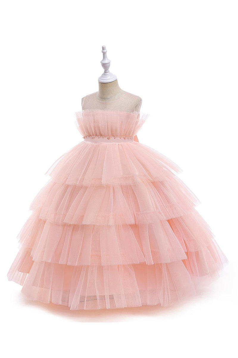 Załaduj obraz do przeglądarki galerii, Różowy Tiulowa Sukienki Dla Dziewczynek na Wesele z Kokarda