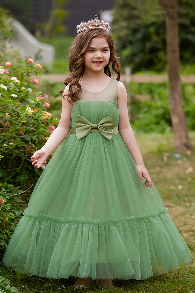 Załaduj obraz do przeglądarki galerii, Tiulowa Zielone Bez Rękawów Sukienki Dla Dziewczynek na Wesele