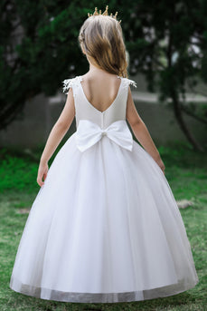 Biała Sukienki Dla Dziewczynek na Wesele Z Kokardą