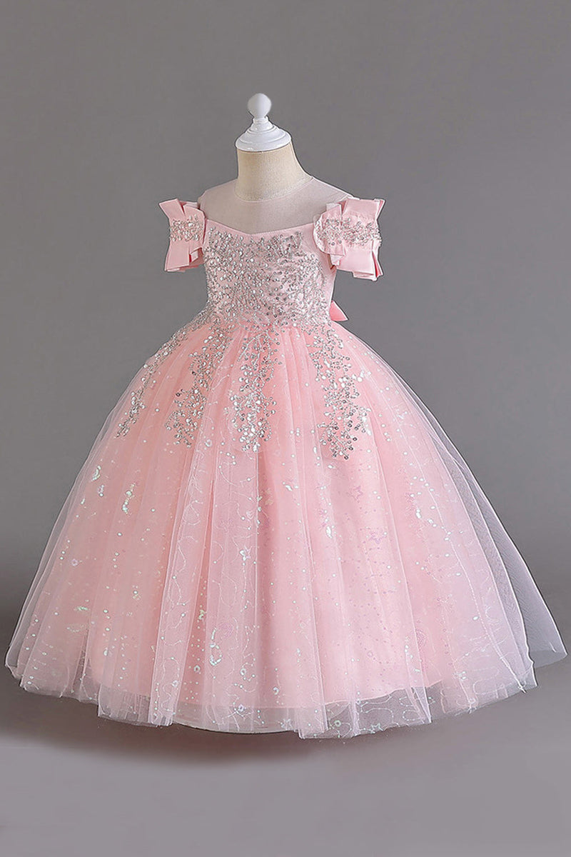 Załaduj obraz do przeglądarki galerii, Błyszcząca Różowa Sukienki Dziewczęce Z Ramienia Z Kokardą