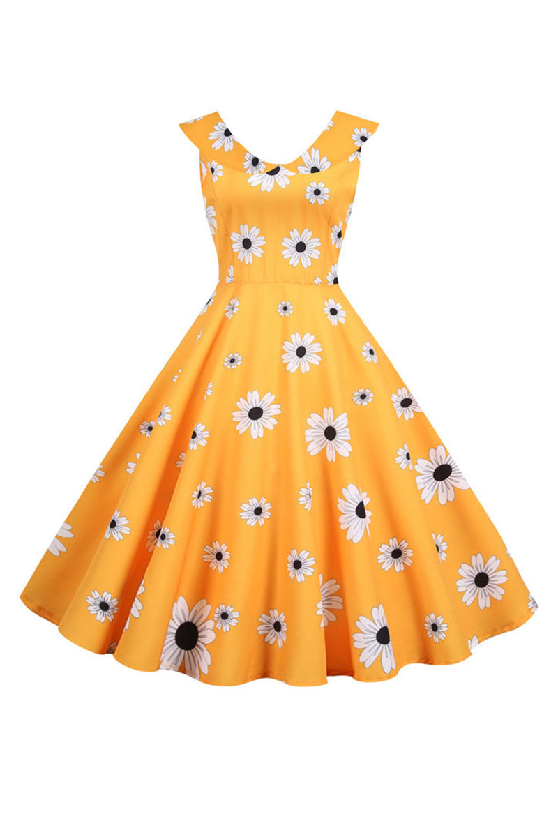 Załaduj obraz do przeglądarki galerii, Bez rękawów Żółta sukienka z nadrukiem 1950s