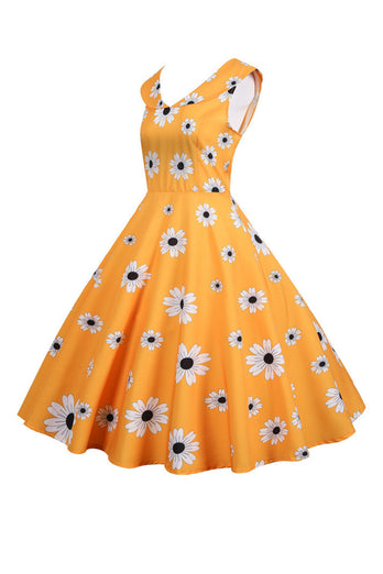 Bez rękawów Żółta sukienka z nadrukiem 1950s