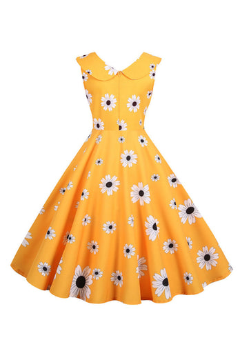Bez rękawów Żółta sukienka z nadrukiem 1950s