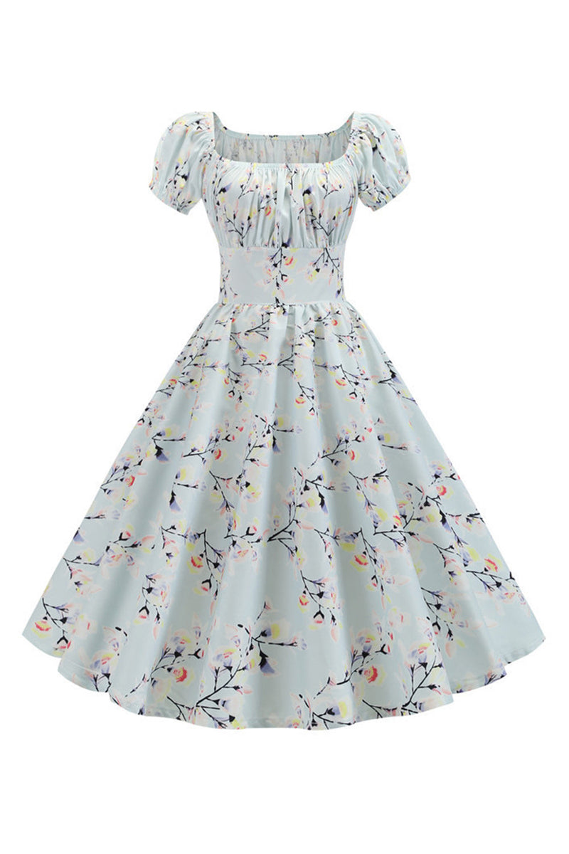 Załaduj obraz do przeglądarki galerii, Bufiaste Rękawy Z Nadrukiem Jasnoniebieska Sukienki Vintage