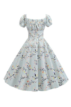 Bufiaste Rękawy Z Nadrukiem Jasnoniebieska Sukienki Vintage