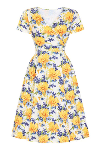 Żółta Dekolt V Sukienki Vintage Z Nadrukiem Z Krótkim Rękawem