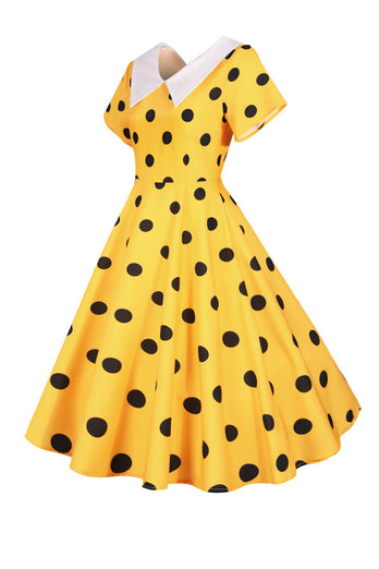 Sukienka W Groszki Żółta Sukienka Vintage Z Krótkim Rękawem