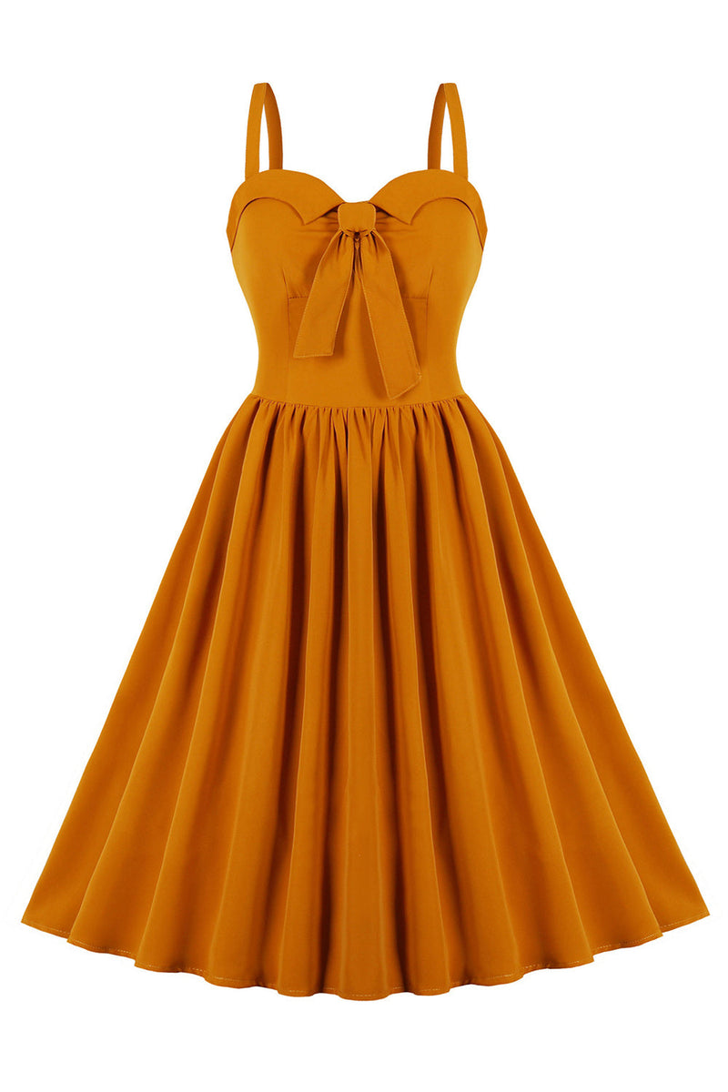Załaduj obraz do przeglądarki galerii, Cienkich Ramiączkach Żółta Sukienka Retro Lata 50