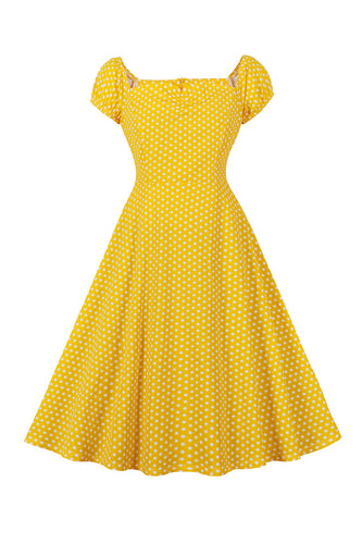 Żółta Sukienka W Kropki Z Kwadratowym Dekoltem W Stylu Vintage