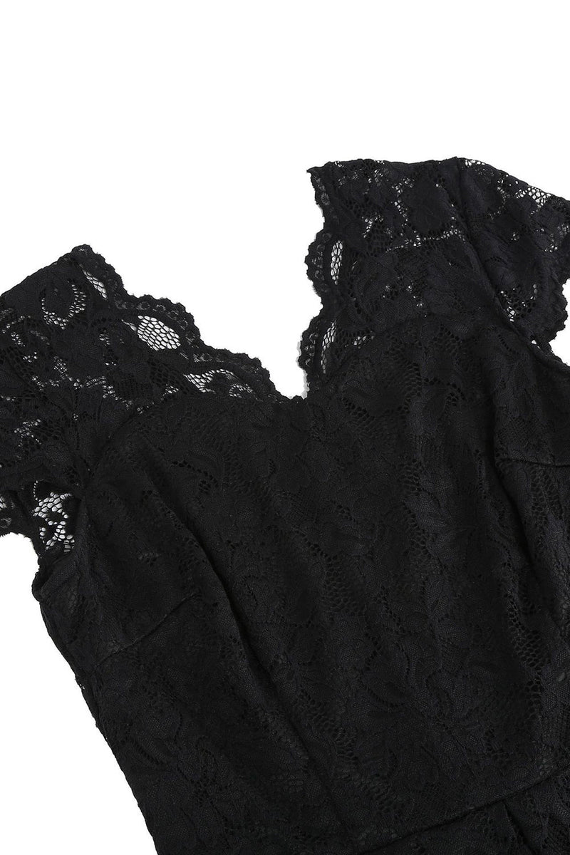 Załaduj obraz do przeglądarki galerii, Dekolt V Czarna Koronkowa Sukienka Retro Lata 50