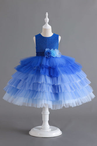 Królewska Niebieska Bez Rękawów Sukienki Dla Dziewczynek z Kwiatami 3D