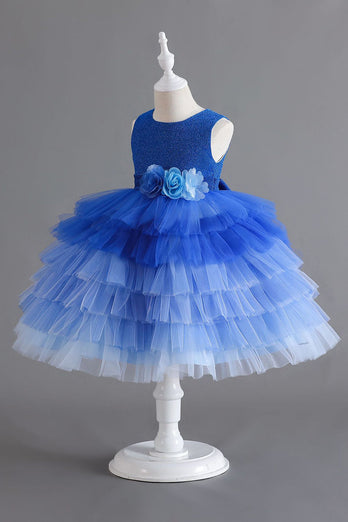 Królewska Niebieska Bez Rękawów Sukienki Dla Dziewczynek z Kwiatami 3D