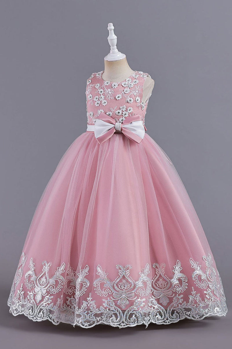 Załaduj obraz do przeglądarki galerii, Różowe Bez Rękawów Okrągłe Dekolty Sukienki Dla Dziewczynek z Kokarda