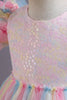 Załaduj obraz do przeglądarki galerii, Linia Tiul Różowe Cekiny Bufiaste Rękawy Sukienka Dla Dziewczynki Na Wesele Z Kokardą