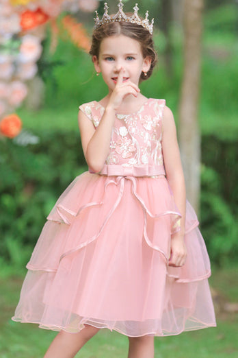 Różowa Sukienka Dla Dziewczynki Na Wesele z Aplikacjami Bez Rękawów