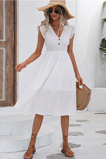 Białe trzepoczące rękawy V-Neck Midi Letnia sukienka z marszczeniami
