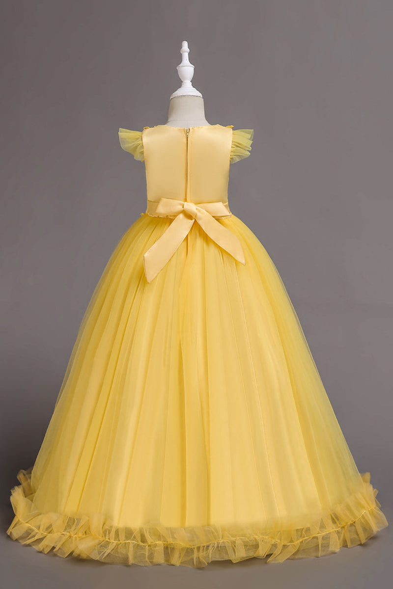 Załaduj obraz do przeglądarki galerii, Tiul Boat Neck Żółte sukienki dziewczęce z aplikacjami