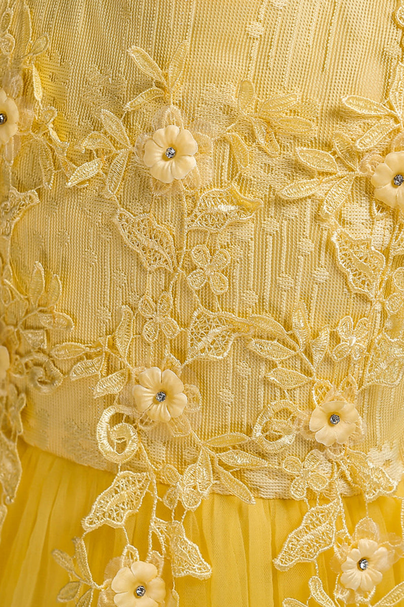 Załaduj obraz do przeglądarki galerii, Tiul Boat Neck Żółte sukienki dziewczęce z aplikacjami
