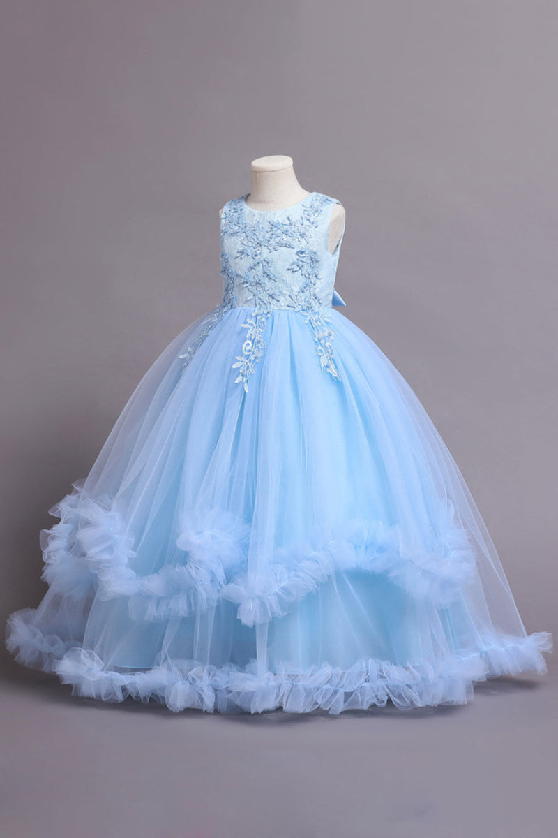 Załaduj obraz do przeglądarki galerii, Tiulowe niebieskie sukienki dziewczęce z aplikacjami