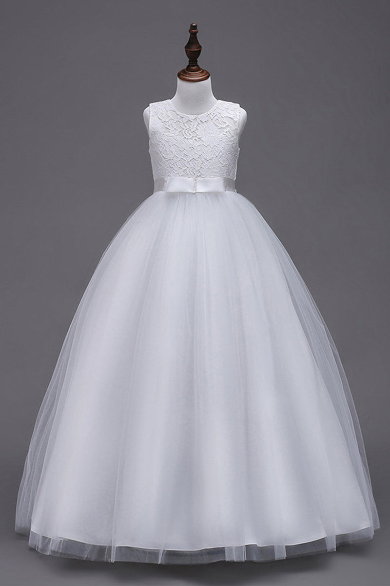 Załaduj obraz do przeglądarki galerii, A-Line Tiul Białe sukienki dziewczęce z kokardą