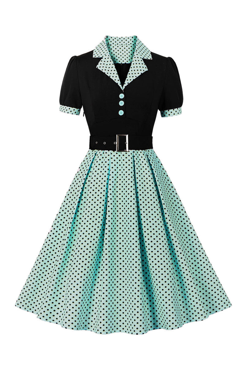 Załaduj obraz do przeglądarki galerii, Zielony Krótki Rękaw Sukienki W Grochy Lata 50 Z Paskiem