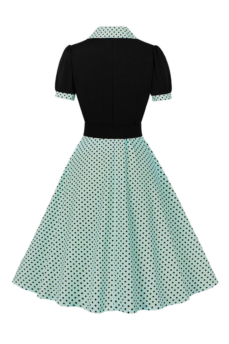 Załaduj obraz do przeglądarki galerii, Zielony Krótki Rękaw Sukienki W Grochy Lata 50 Z Paskiem