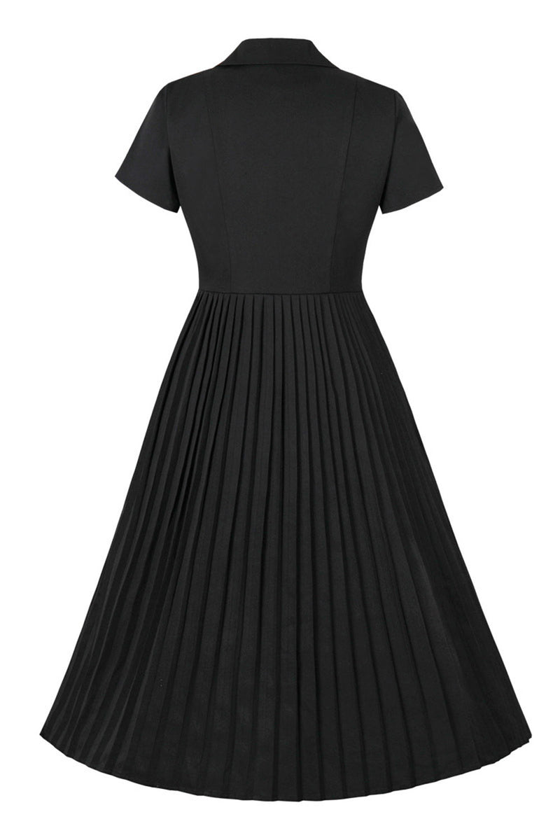 Załaduj obraz do przeglądarki galerii, Czarna Sukienka Z Dekoltem W Serek Sukienka Lata 50 Z Krótkim Rękawem