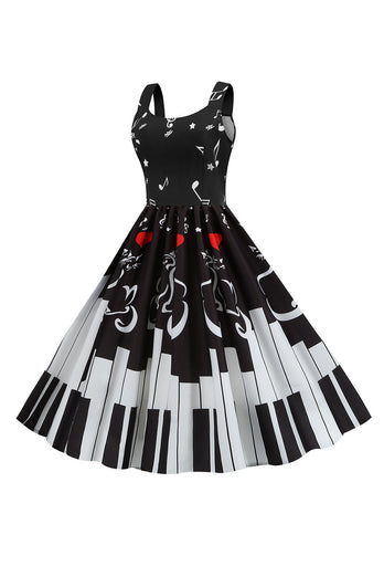 Czarna Sukienka Bez Rękawów Z Nadrukiem 1950