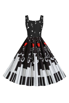 Czarna Sukienka Bez Rękawów Z Nadrukiem 1950