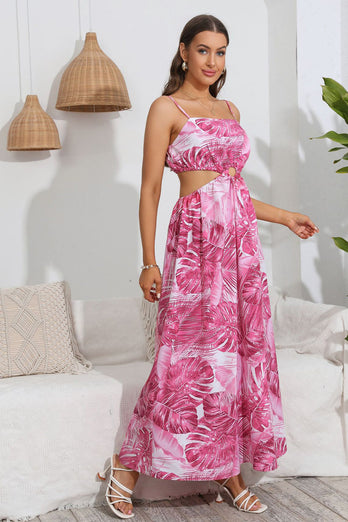 Różowa Letnia Sukienka Z Nadrukiem Liści Palmowych