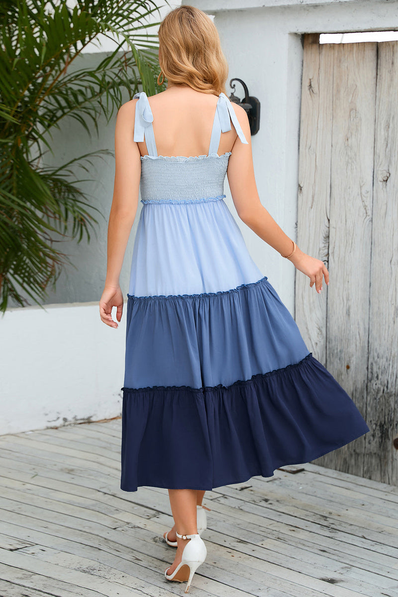 Załaduj obraz do przeglądarki galerii, Niebieska Letnia Sukienka Midi Line Z Plisami