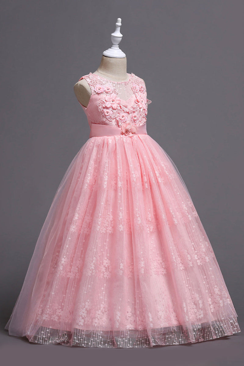 Załaduj obraz do przeglądarki galerii, Różowe sukienki dziewczęce z okrągłym dekoltem w kwiaty 3D