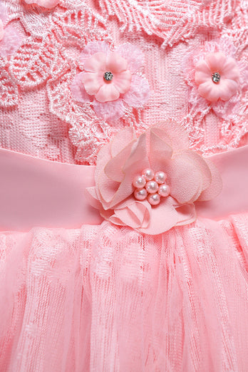 Różowe sukienki dziewczęce z okrągłym dekoltem w kwiaty 3D