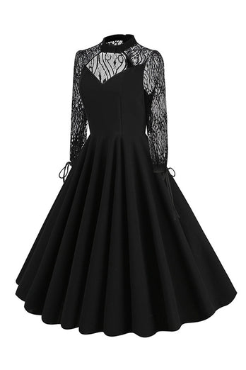 Czarna Koronkowa Sukienka Z Długim Rękawem W Stylu Vintage