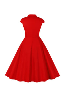 Czerwona Dekolt V Sukienka Retro Lata 50 Z Krótkim Rękawem