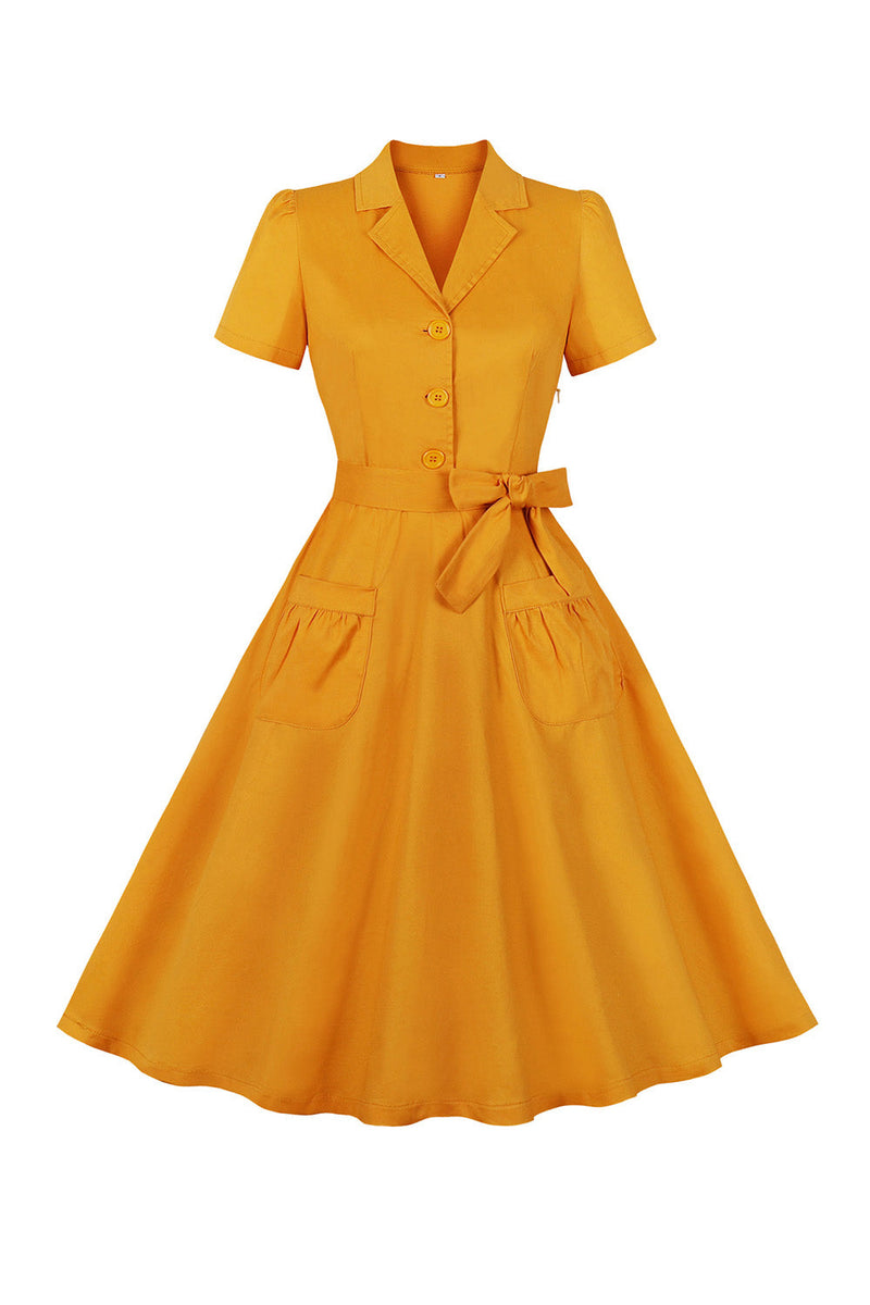 Załaduj obraz do przeglądarki galerii, Żółta Sukienka Swing Dekolt V Vintage Z Krótkim Rękawem