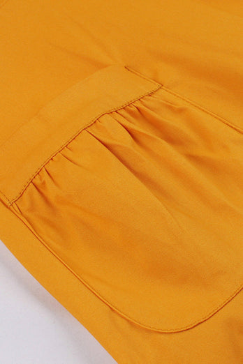 Żółta Sukienka Swing Dekolt V Vintage Z Krótkim Rękawem