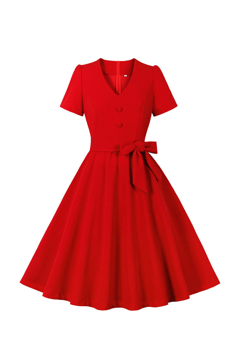 Załaduj obraz do przeglądarki galerii, Czerwona Dekolt V Sukienki Vintage z Przycisk z Krótki Rękaw