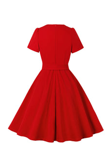 Czerwona Dekolt V Sukienki Vintage z Przycisk z Krótki Rękaw