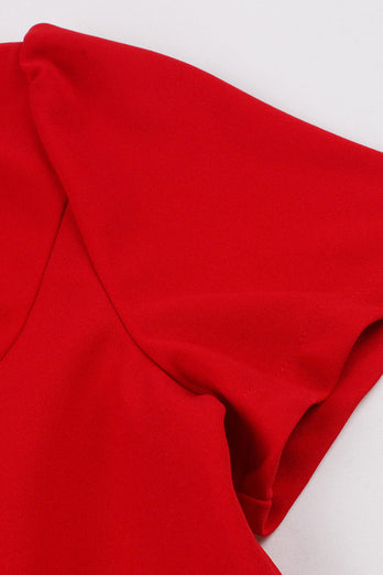Czerwona Dekolt V Sukienki Vintage z Przycisk z Krótki Rękaw