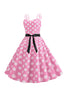 Załaduj obraz do przeglądarki galerii, Różowe Groszki Cienkich Ramiączkach Sukienka W Stylu Lat 50 Z Kokardą
