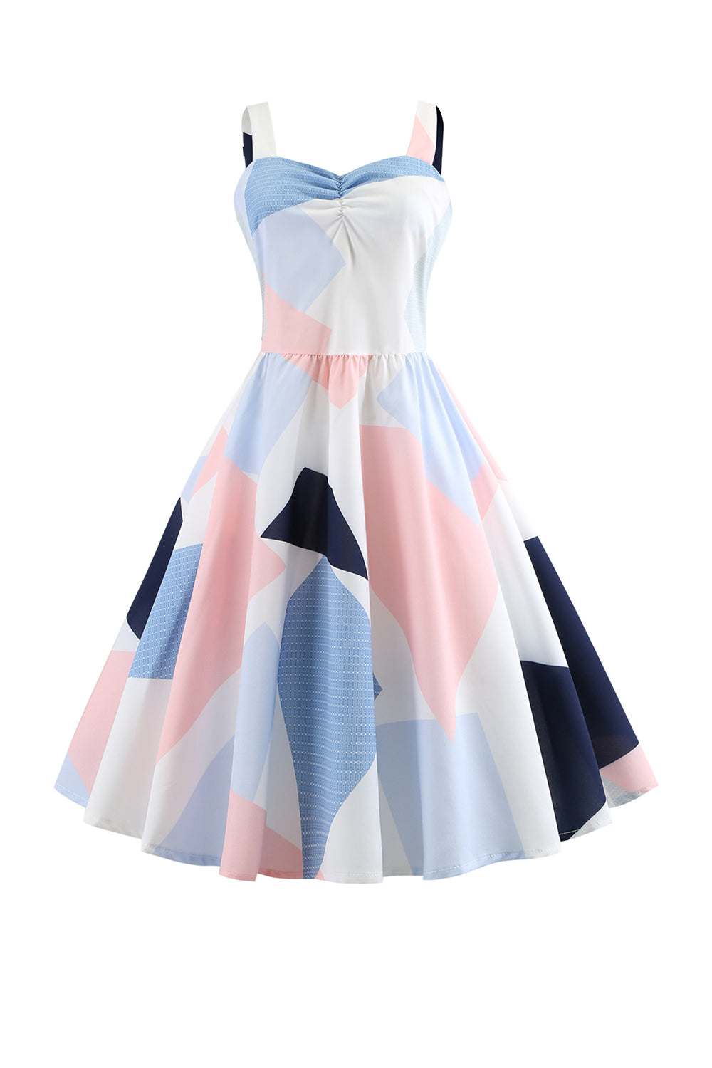 Białe Cienkich Ramiączkach Geometryczna Sukienka Lata 50 Z Nadrukiem