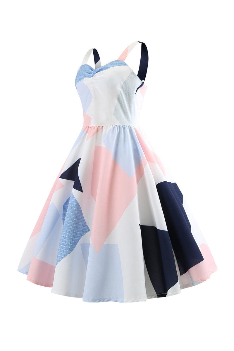 Załaduj obraz do przeglądarki galerii, Białe Cienkich Ramiączkach Geometryczna Sukienka Lata 50 Z Nadrukiem