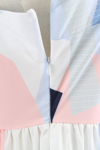 Białe Cienkich Ramiączkach Geometryczna Sukienka Lata 50 Z Nadrukiem