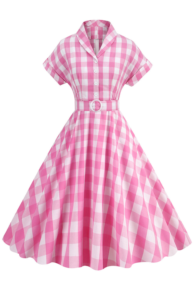 Załaduj obraz do przeglądarki galerii, Różowa Sukienka Lata 50 W Kratę Z Krótkim Rękawem