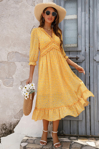 Żółta Sukienka Maxi Z Długim Rękawem W Kwiaty W Stylu Boho