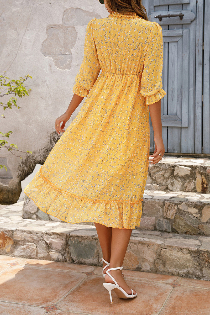 Załaduj obraz do przeglądarki galerii, Żółta Sukienka Maxi Z Długim Rękawem W Kwiaty W Stylu Boho