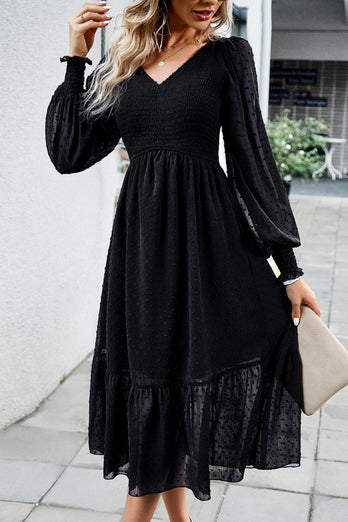 Czarna A-Line V-Neck Długie rękawy Casual Dress